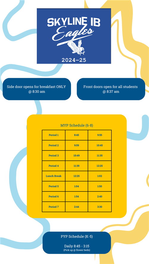 breakfast bell @ 8:30 am,  opening bell @ 8:37 am, Tardy bell @ 8:45am.  End of day for 6-8 is 3:30pm, and 3:15pm for K-5 